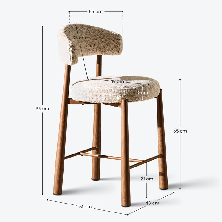 Technical dimension diagram and sizing guide for the Ansel oatmeal chenille bar stool displaying total height, seat height, seat width, and depth measurements in centimetres
