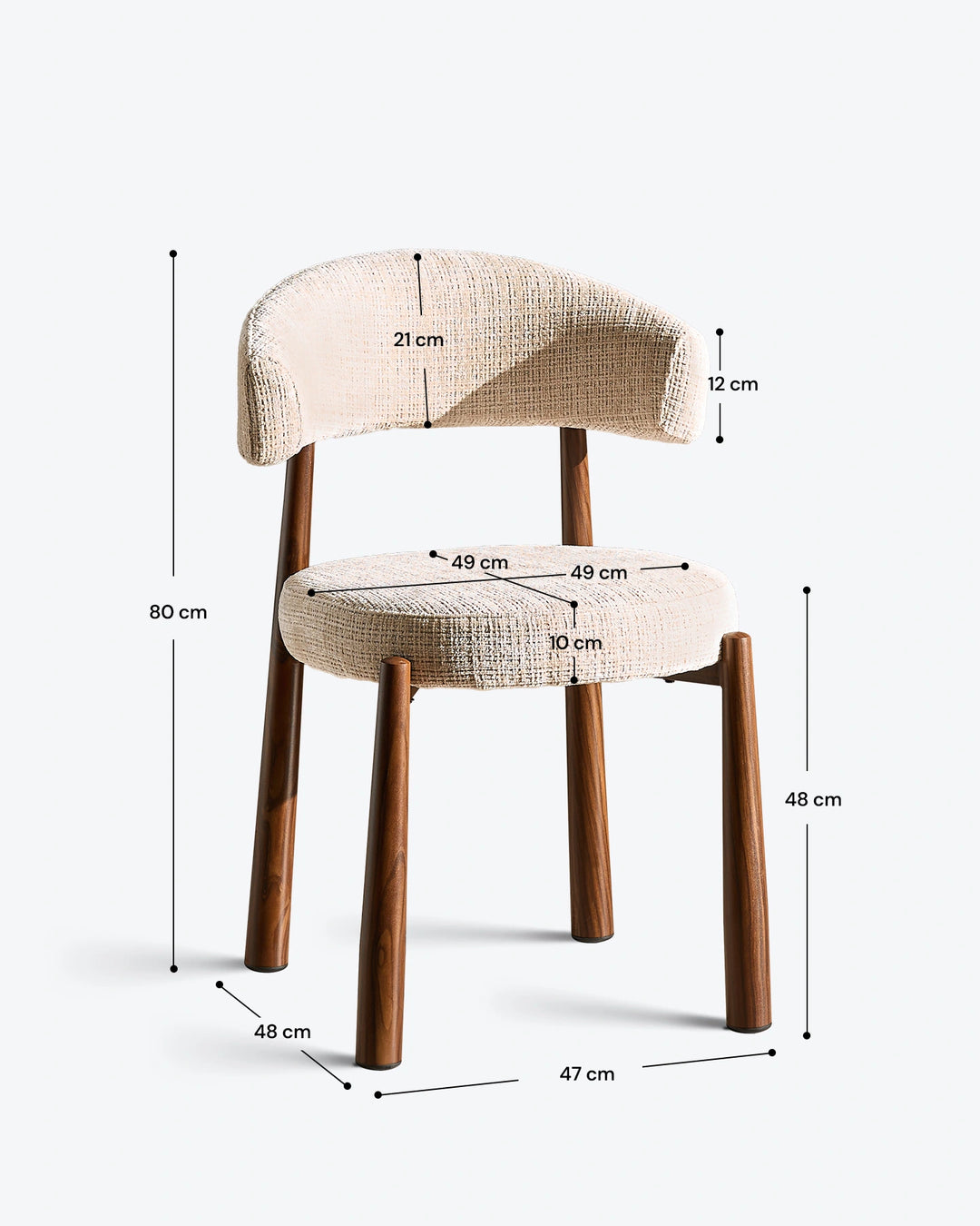 Ansel Oatmeal Chenille Dining Chair with measurements displayed, showing the overall chair dimensions, seat height and backrest height.