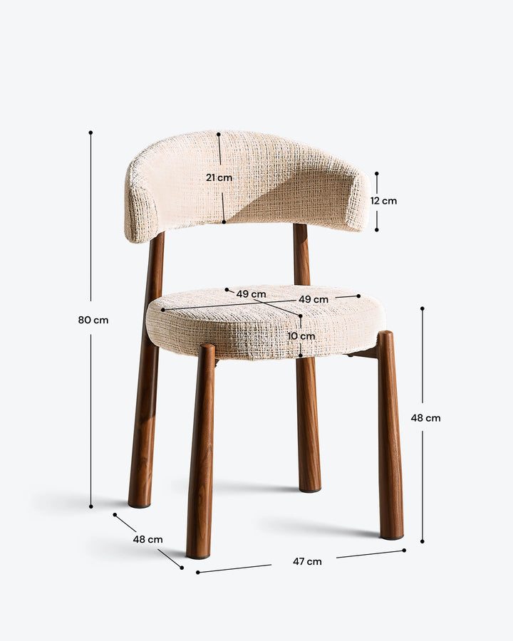 Ansel Oatmeal Chenille Dining Chair with measurements displayed, showing the overall chair dimensions, seat height and backrest height.