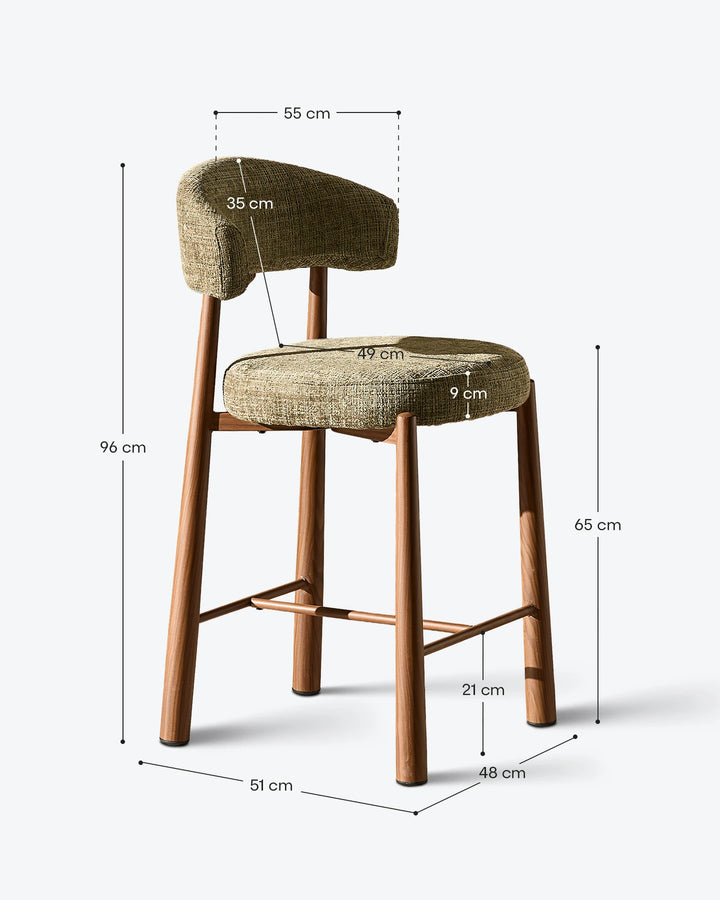 Technical dimension diagram and sizing guide for the Ansel olive green chenille bar stool displaying total height, seat height, seat width, and depth measurements in centimetres