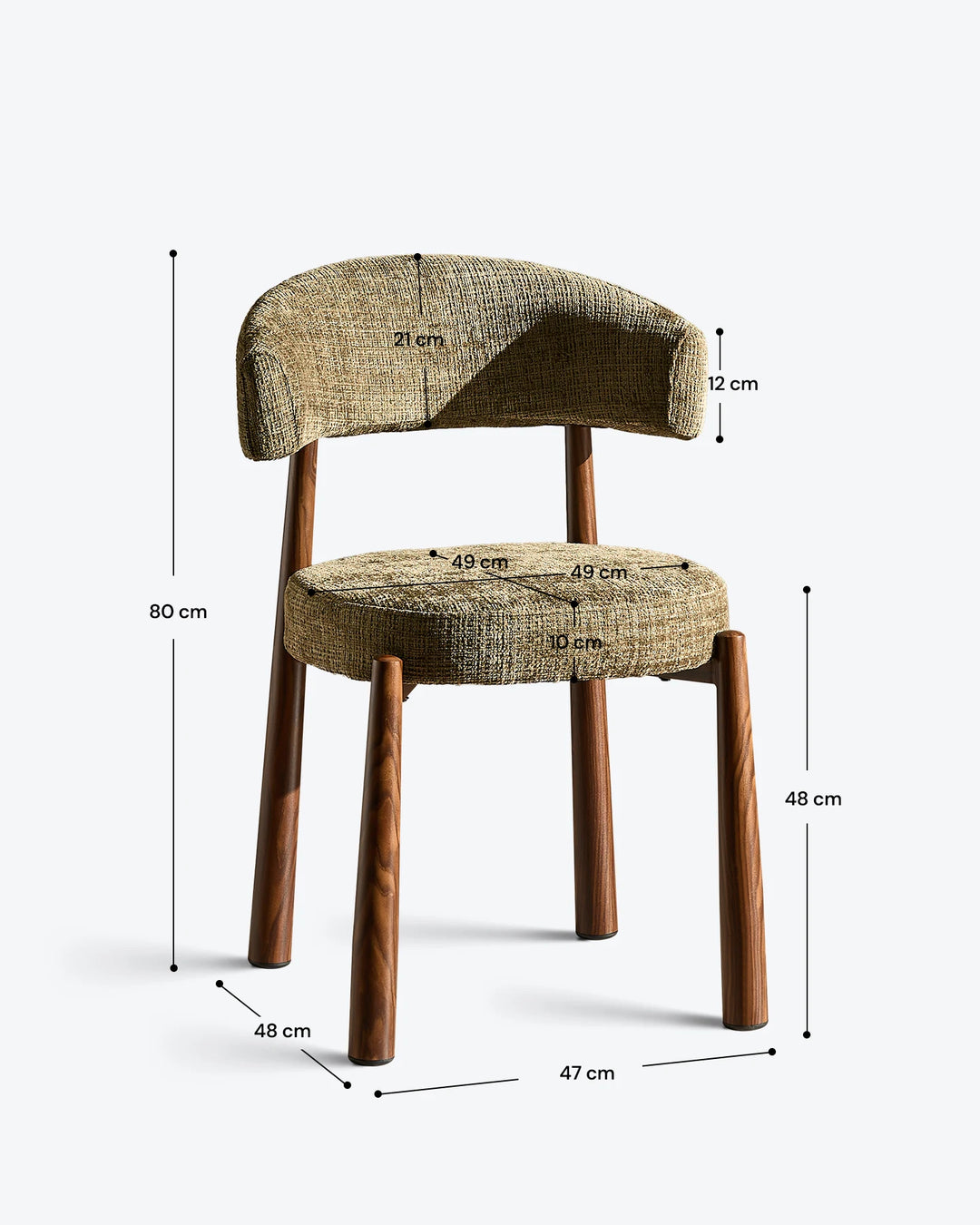 Ansel Olive Green Chenille Dining Chair with measurements displayed, showing the overall chair dimensions, seat height and backrest height.