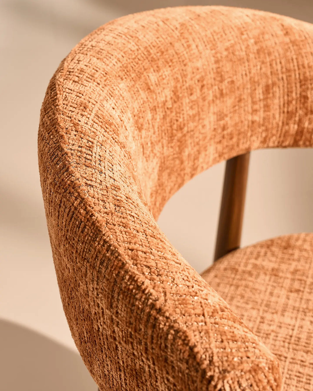 Close-up of the Ansel Terracotta Chenille Dining Chair's curved backrest, showcasing the textured chenille upholstery and rounded edges.