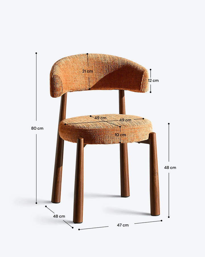 Ansel Terracotta Chenille Dining Chair with measurements displayed, showing the overall chair dimensions, seat height and backrest height.