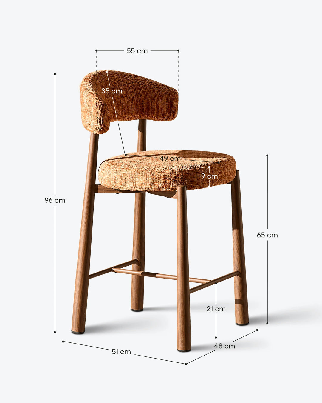 Technical dimension diagram and sizing guide for the Ansel terracotta orange chenille bar stool displaying total height, seat height, seat width, and depth measurements in centimetres