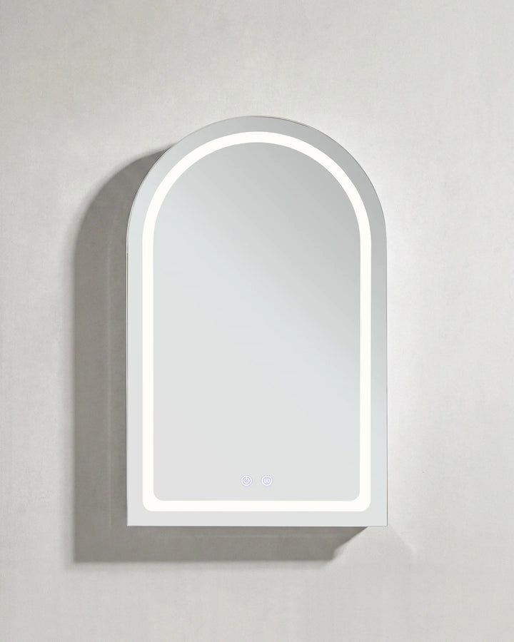 Studio front view of Arcadia white arched LED bathroom mirror cabinet with dual touch sensors.