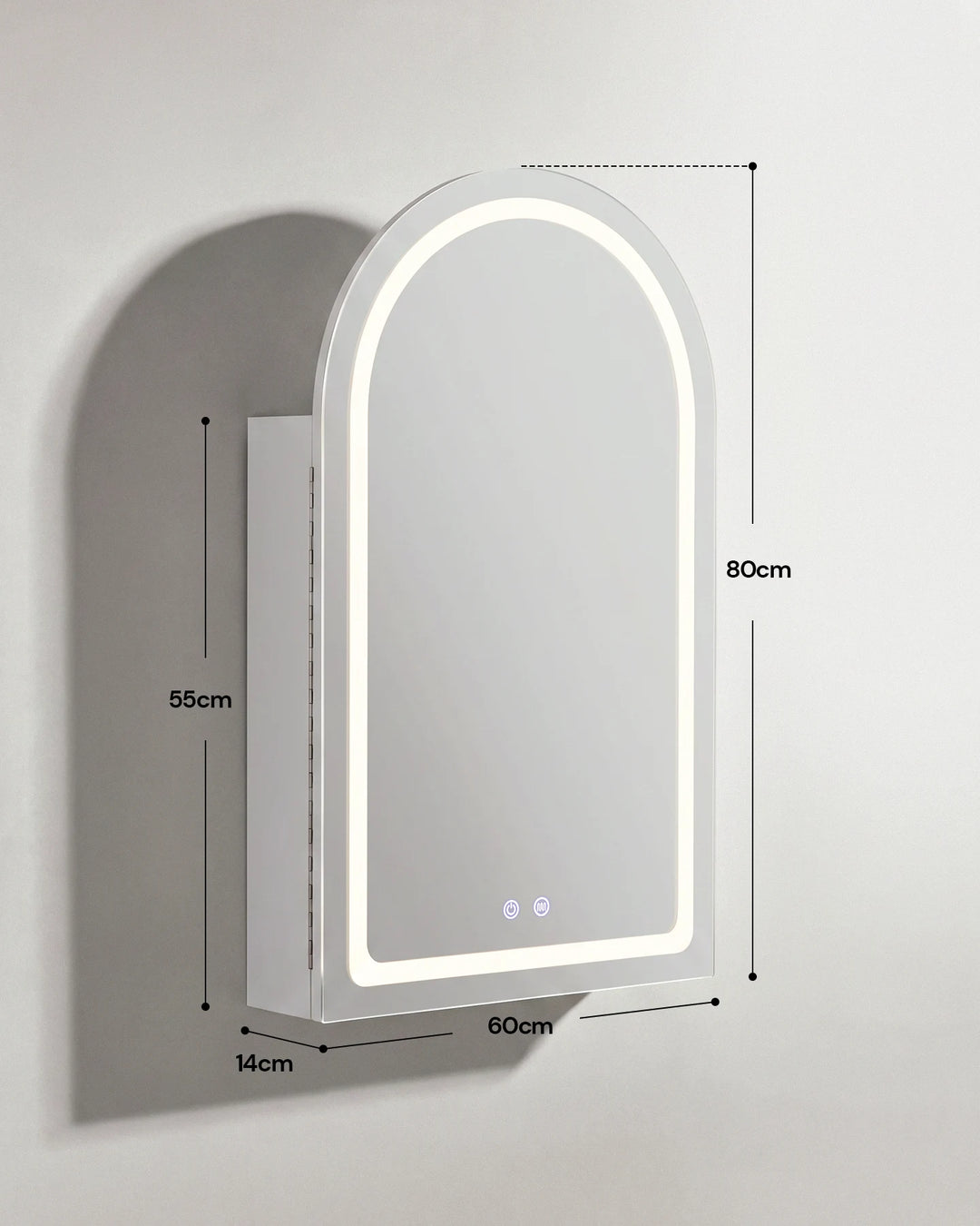 Technical diagram of the closed Arcadia arched LED mirror cabinet, showing external dimensions.