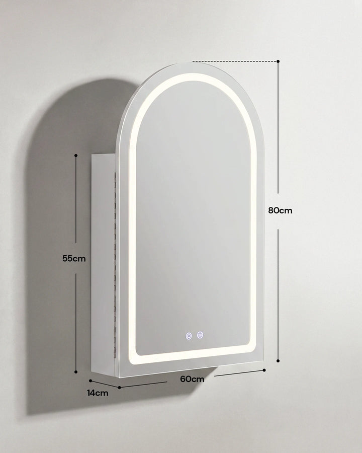 Technical diagram of the closed Arcadia arched LED mirror cabinet, showing external dimensions.