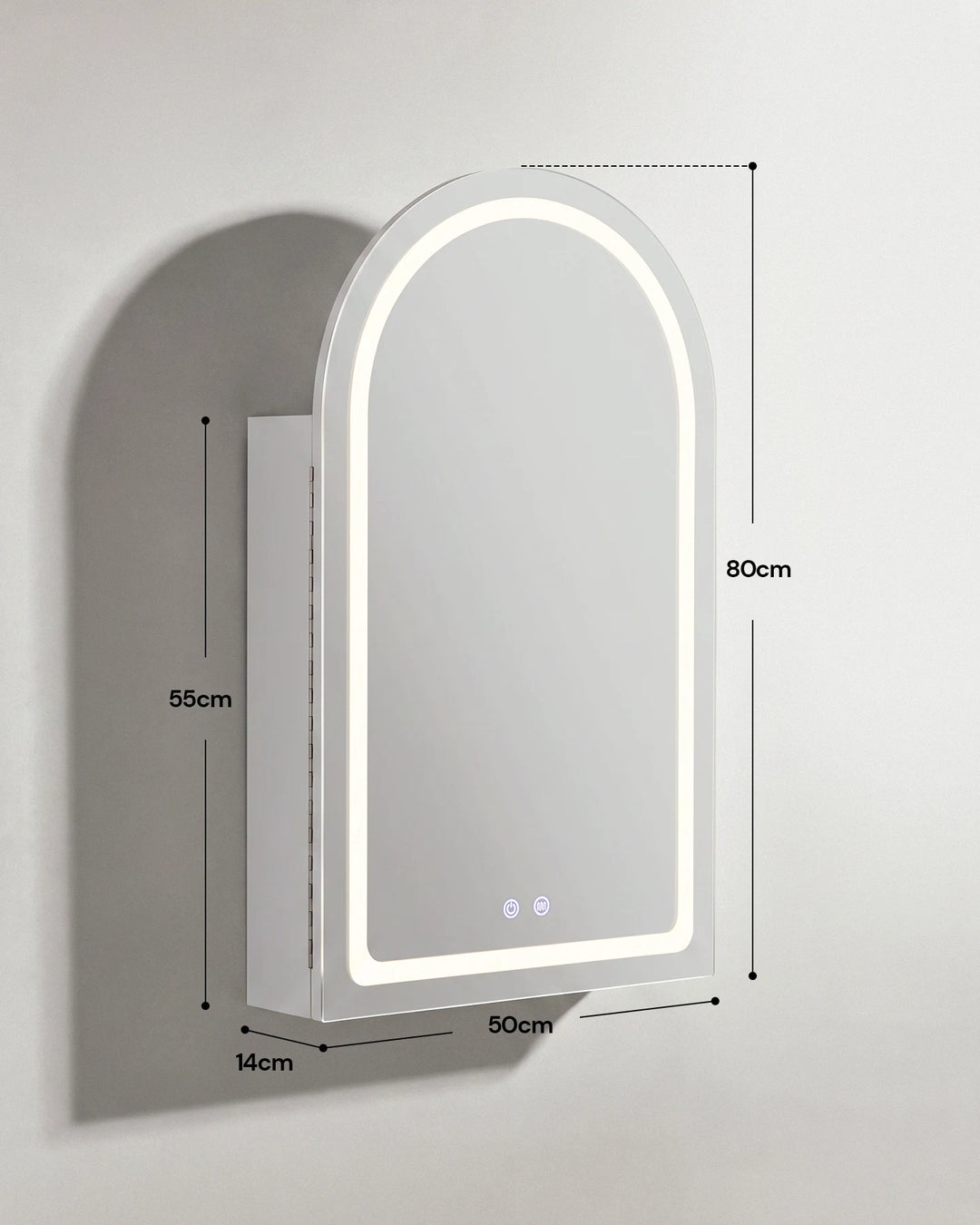 Technical diagram of the closed Arcadia arched LED mirror cabinet, showing external dimensions.