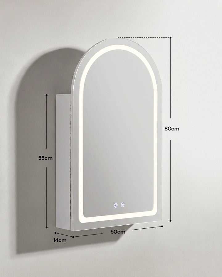 Technical diagram of the closed Arcadia arched LED mirror cabinet, showing external dimensions.
