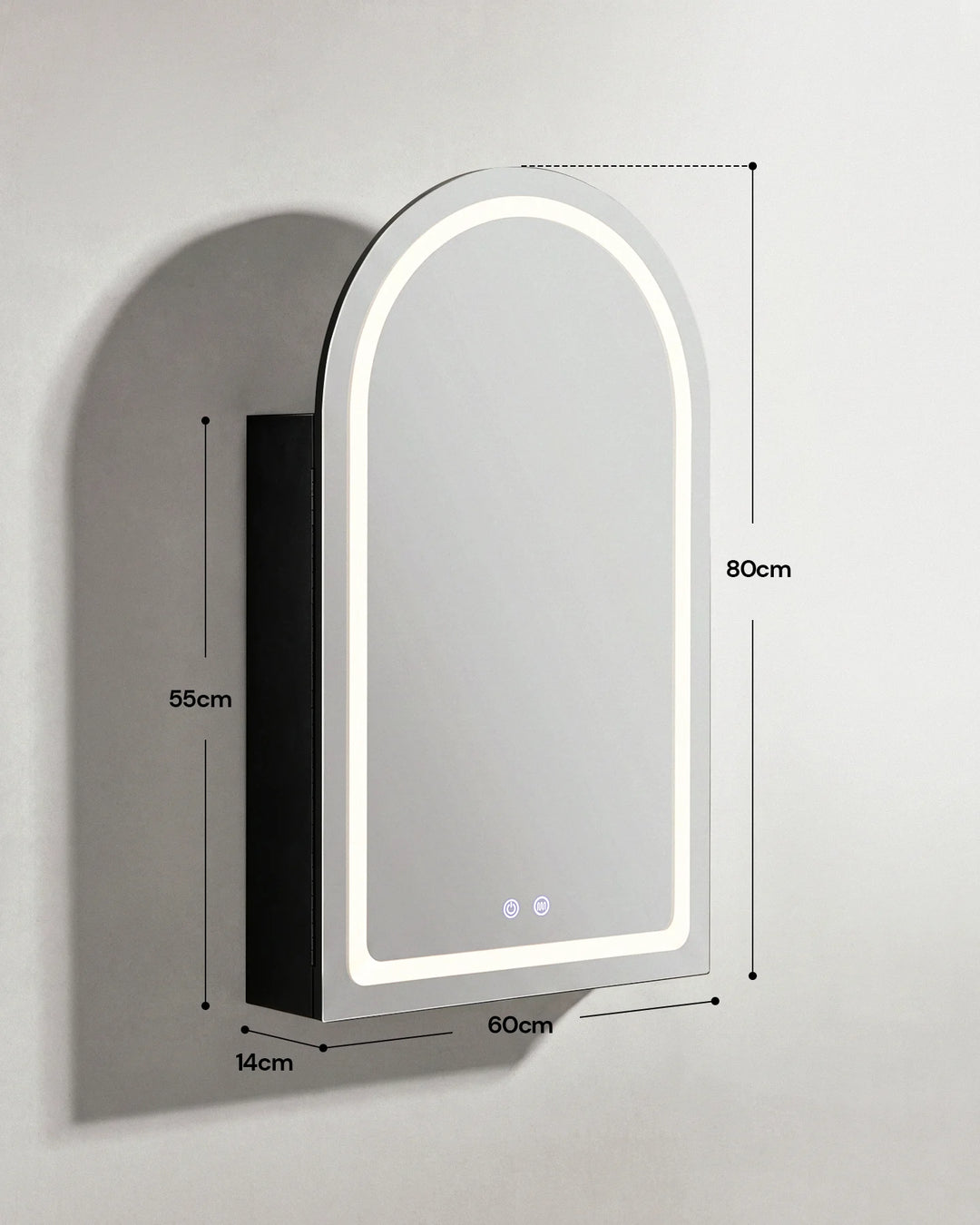 Technical diagram of the closed Arcadia arched LED mirror cabinet, showing external dimensions.