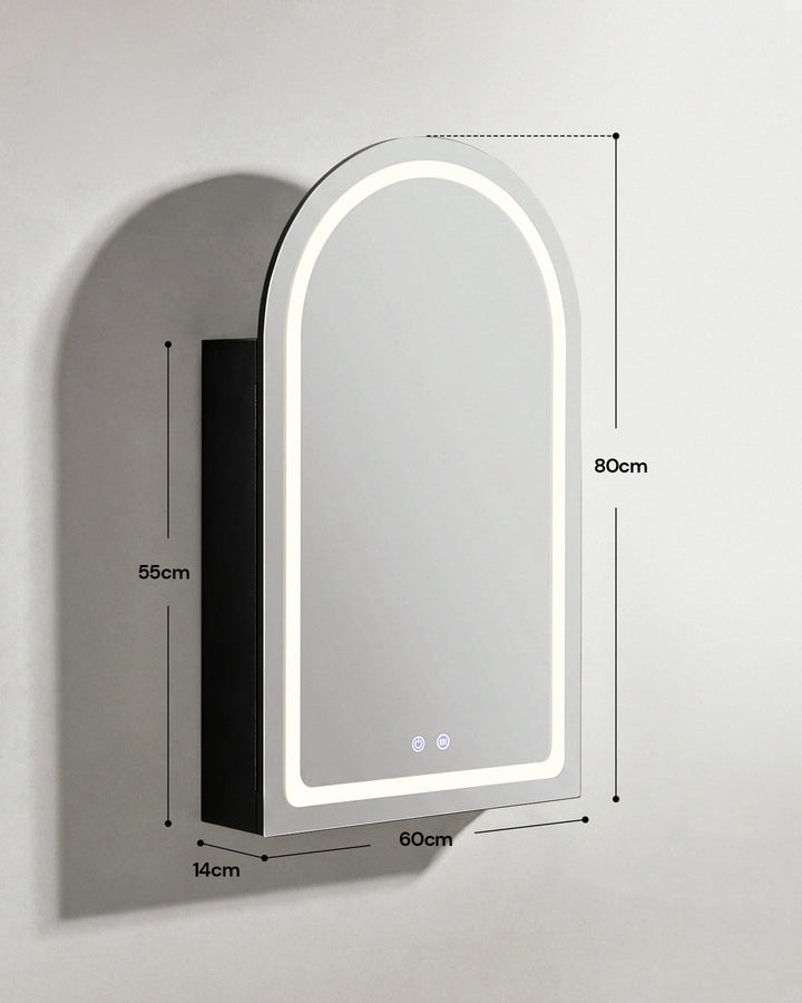 Technical diagram of the closed Arcadia arched LED mirror cabinet, showing external dimensions.