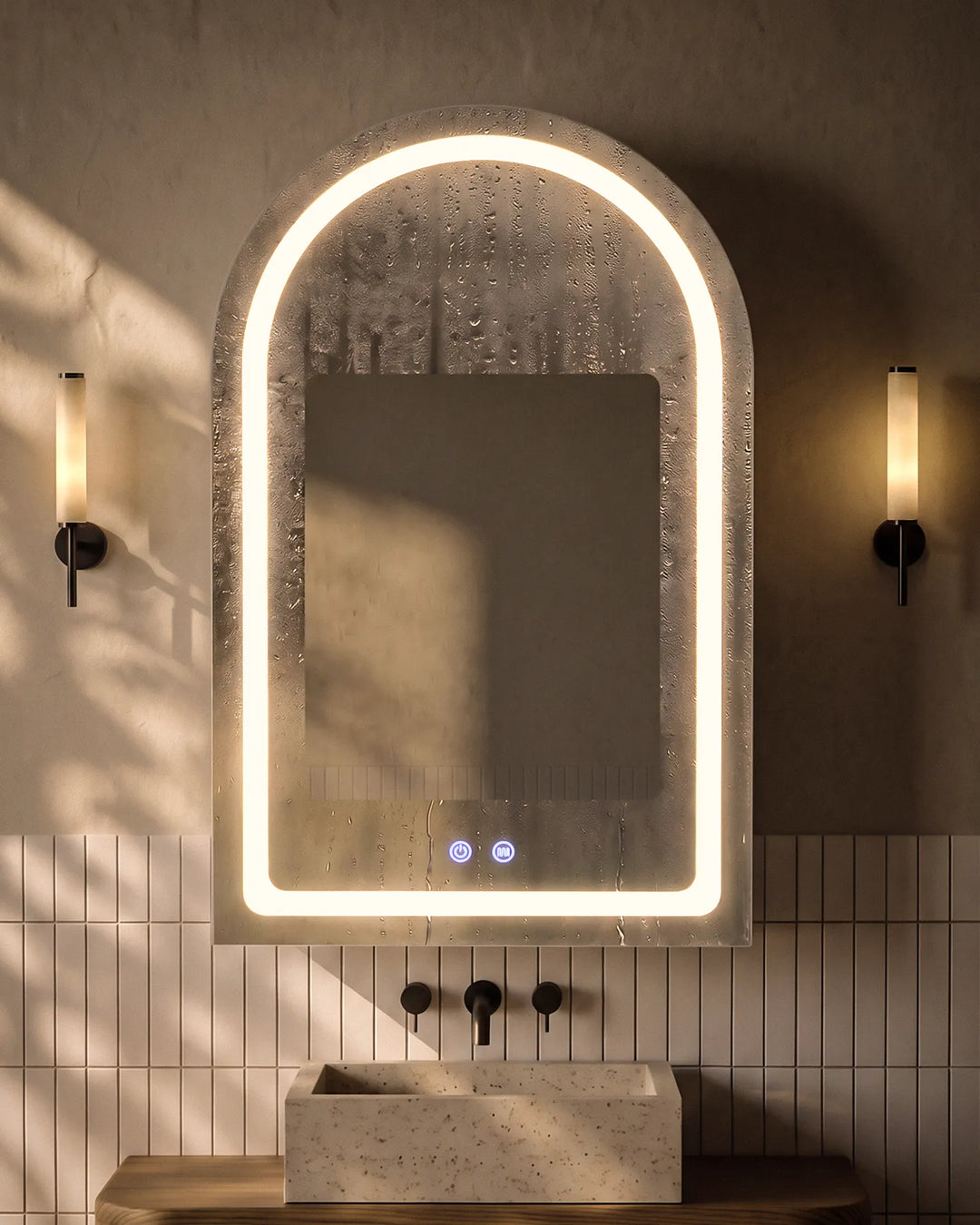 Arcadia black arched LED mirror cabinet demonstrating the 30x20cm fog-free heated demister area for a crystal-clear reflection after a hot shower.