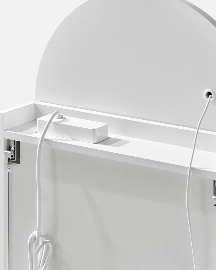 Top internal view of Arcadia cabinet showing neat UK-compliant wiring and soft-close mechanism.