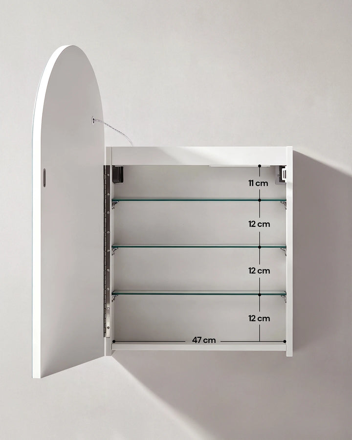 Technical diagram showing internal shelf spacing of the Arcadia arched bathroom cabinet.