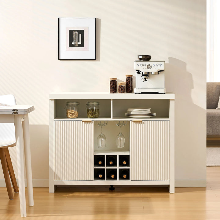 Arden Wine Bar Cabinet next to dining table with 6 bottles of wine in rack, front view
