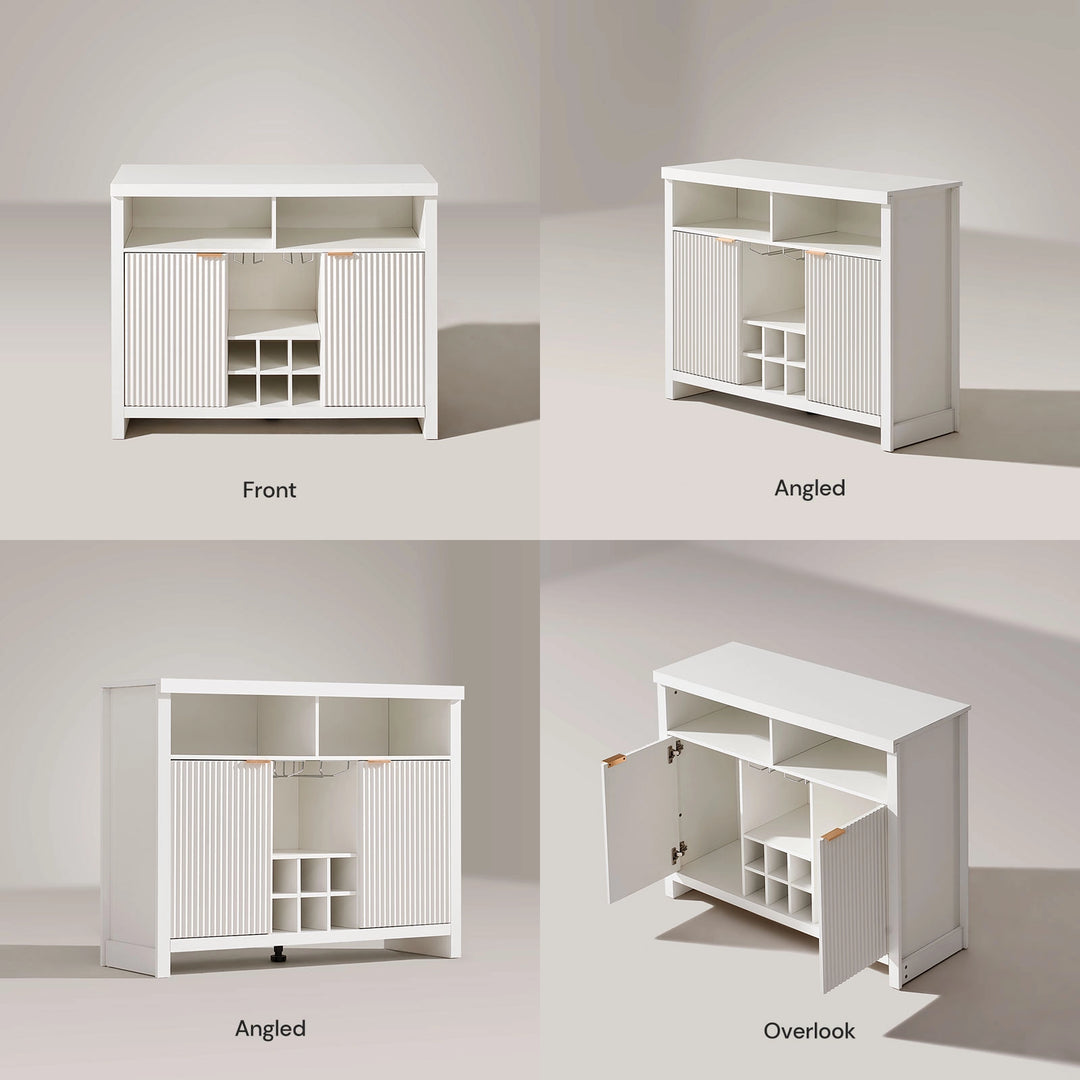 Arden Wine Bar Cabinet front and side view with cabinet doors open