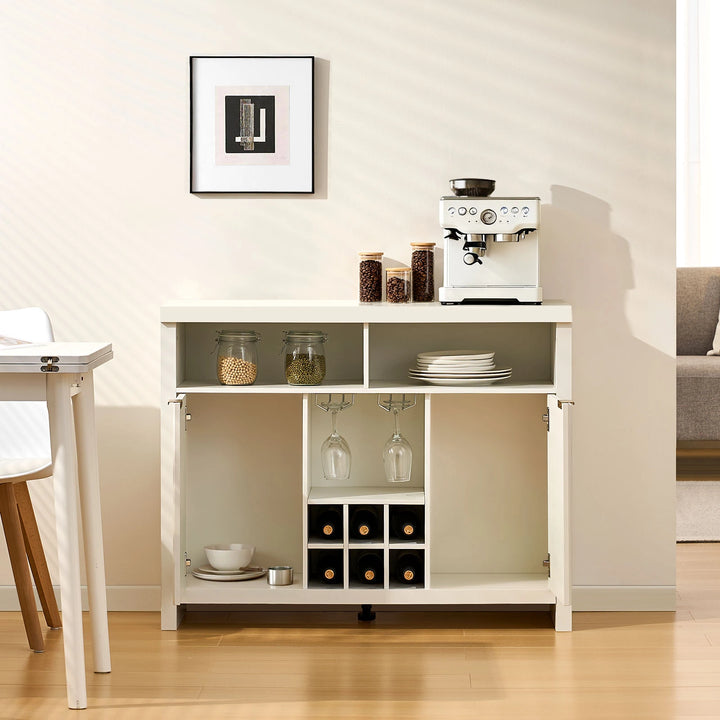 Arden Wine Bar Cabinet next to dining table, cabinet doors open, front view
