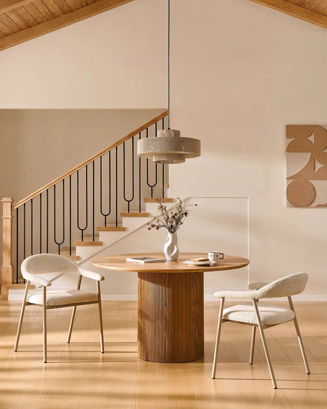 Arlo Dining Chairs in a rustic dining room with a wooden table, upholstered chenille dining chairs for modern family dining