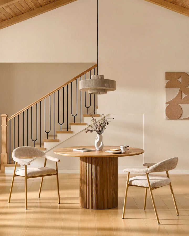 Arlo Dining Chairs in a rustic dining room with a wooden table, upholstered chenille dining chairs for modern family dining