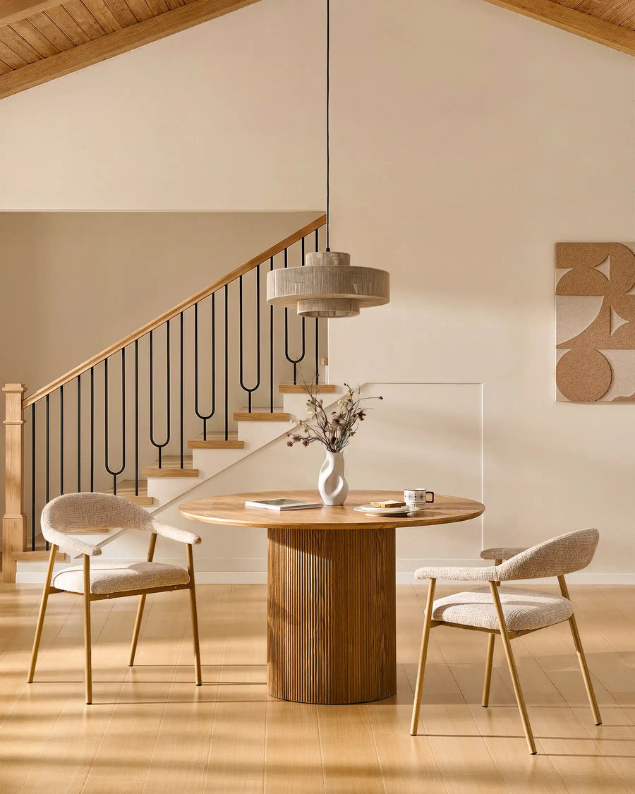Arlo Dining Chairs in a rustic dining room with a wooden table, upholstered chenille dining chairs for modern family dining