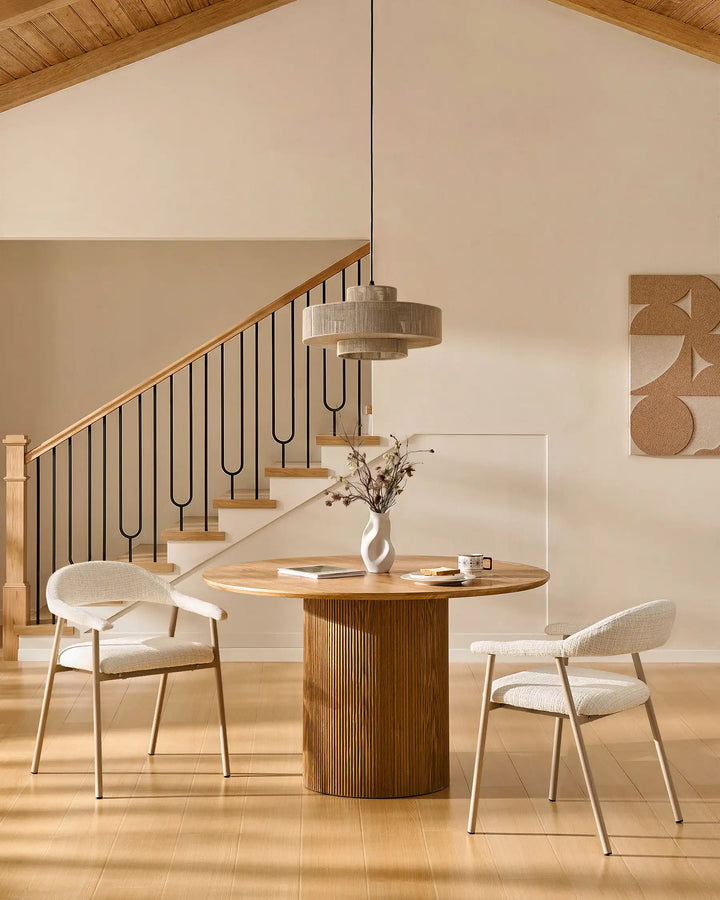 Arlo Dining Chairs in a rustic dining room with a wooden table, upholstered chenille dining chairs for modern family dining