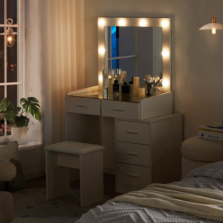 Aurora LED Lights Vanity Dressing Table Set [Glass Desktop]