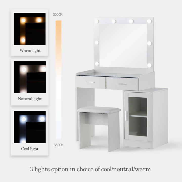 Displaying the 3 lighting modes of the white dressing table set, in a white background.