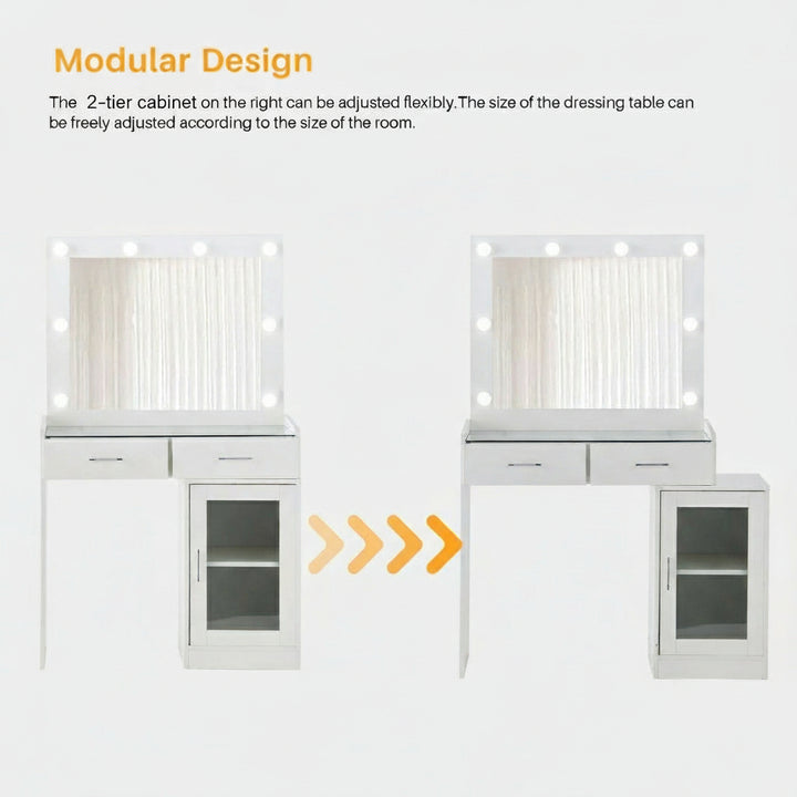 Showing that the width of the dressing table can be adjusted by moving the side cabinet.