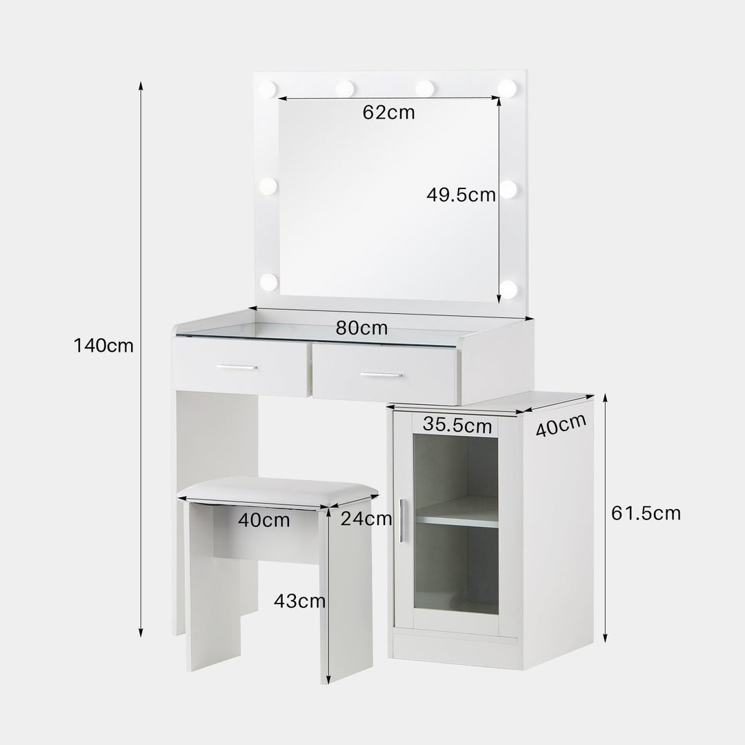 Showing the dimensions of the dressing table. Overall Dimension: W80-105 x D40 x H140 cm; cabinet dimension: W35 x D40 x H61 cm; Stool Dimension: W40 x D24 x H43 cm