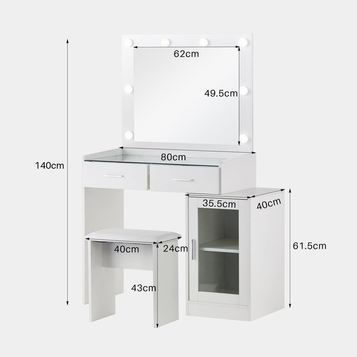 Showing the dimensions of the dressing table. Overall Dimension: W80-105 x D40 x H140 cm; cabinet dimension: W35 x D40 x H61 cm; Stool Dimension: W40 x D24 x H43 cm