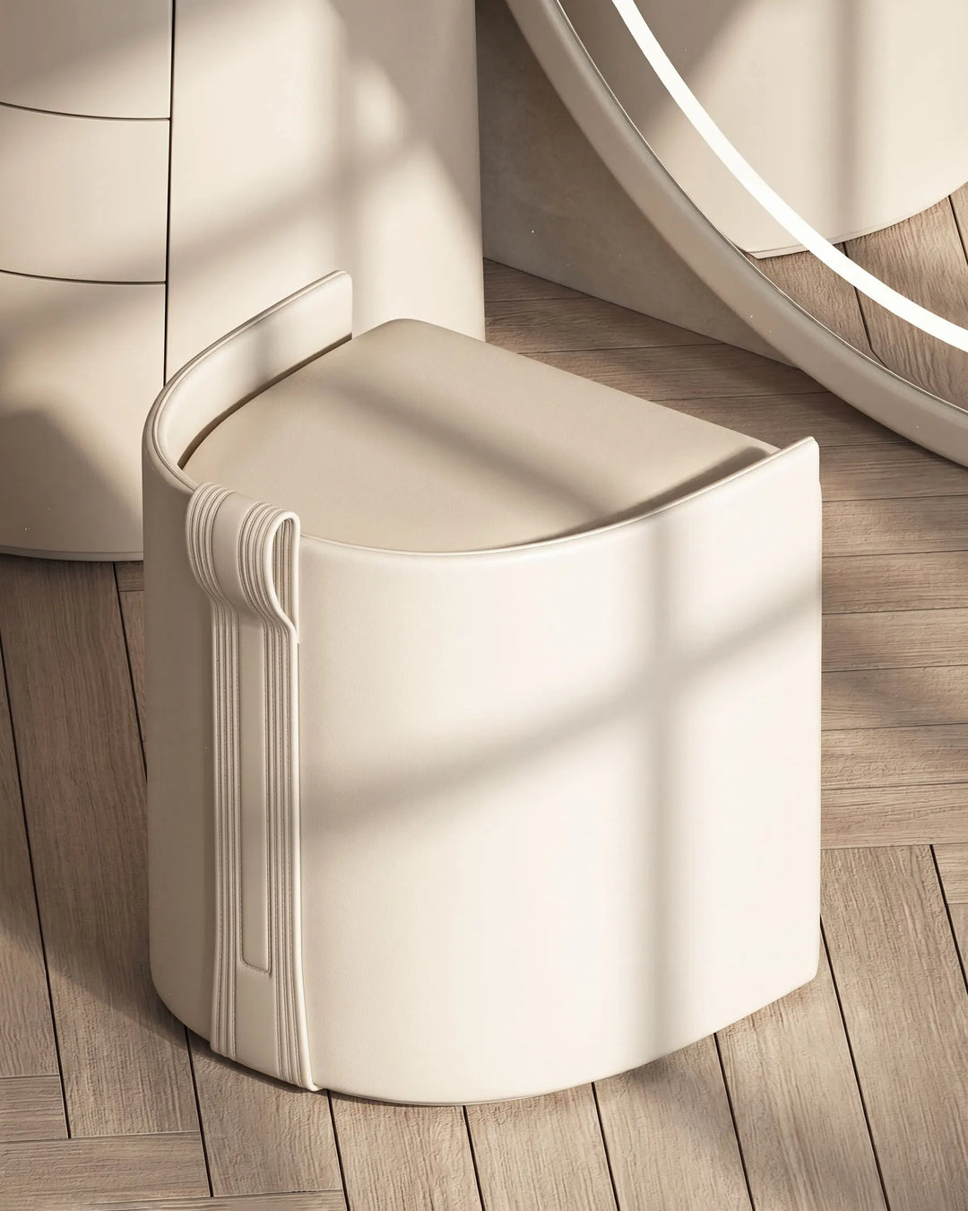 Top view of Bellano soft-upholstered silicone leather dressing stool.