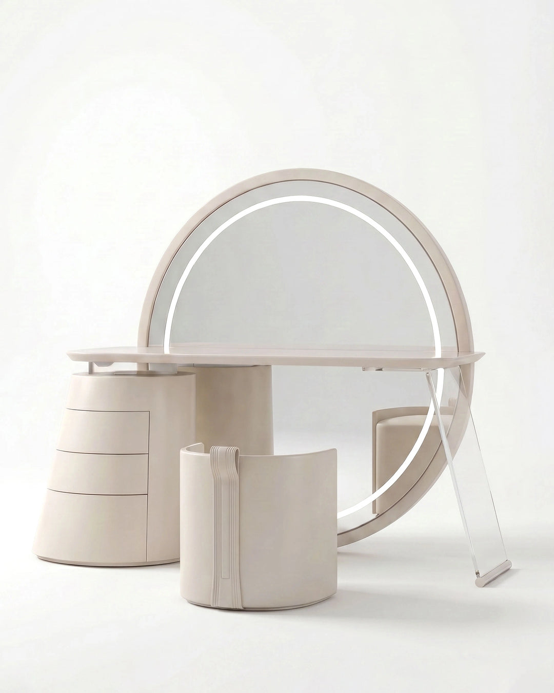 Bellano luxury dressing table set with floor mirror isolated on a white background.