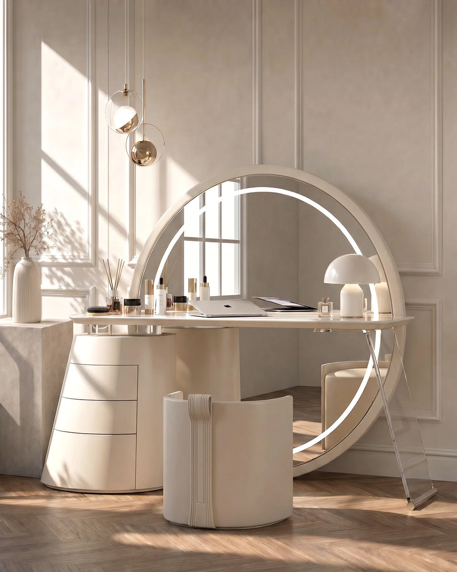 Bellano luxury dressing table with oval floor mirror in a modern bedroom during the daytime.