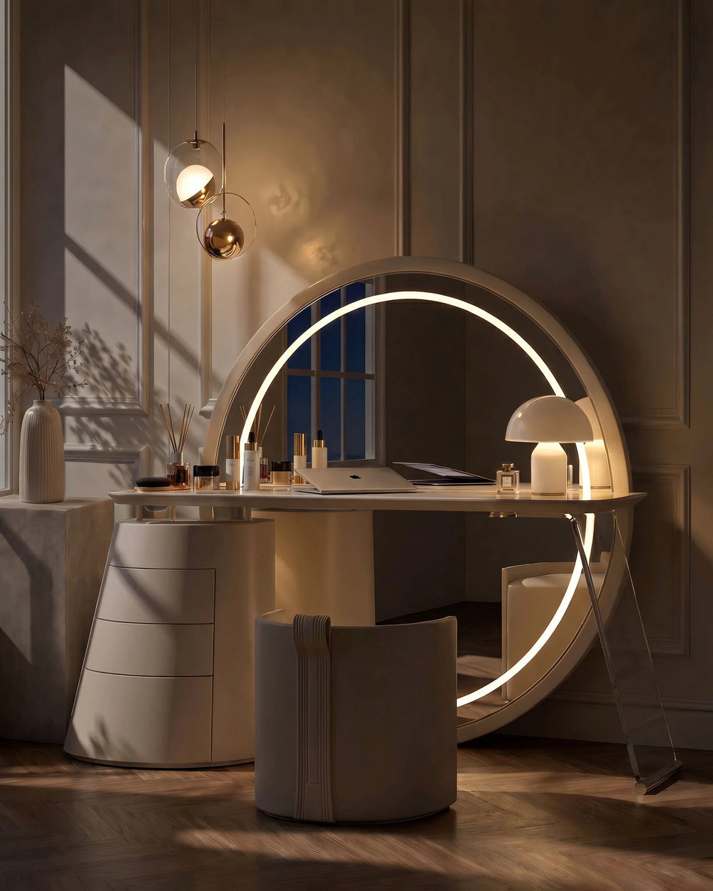 Bellano dressing table with ambient LED mirror lighting in the bedroom at night.