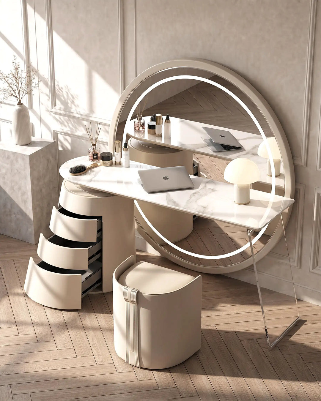 Top view of Bellano dressing table with three drawers open, showing storage space.