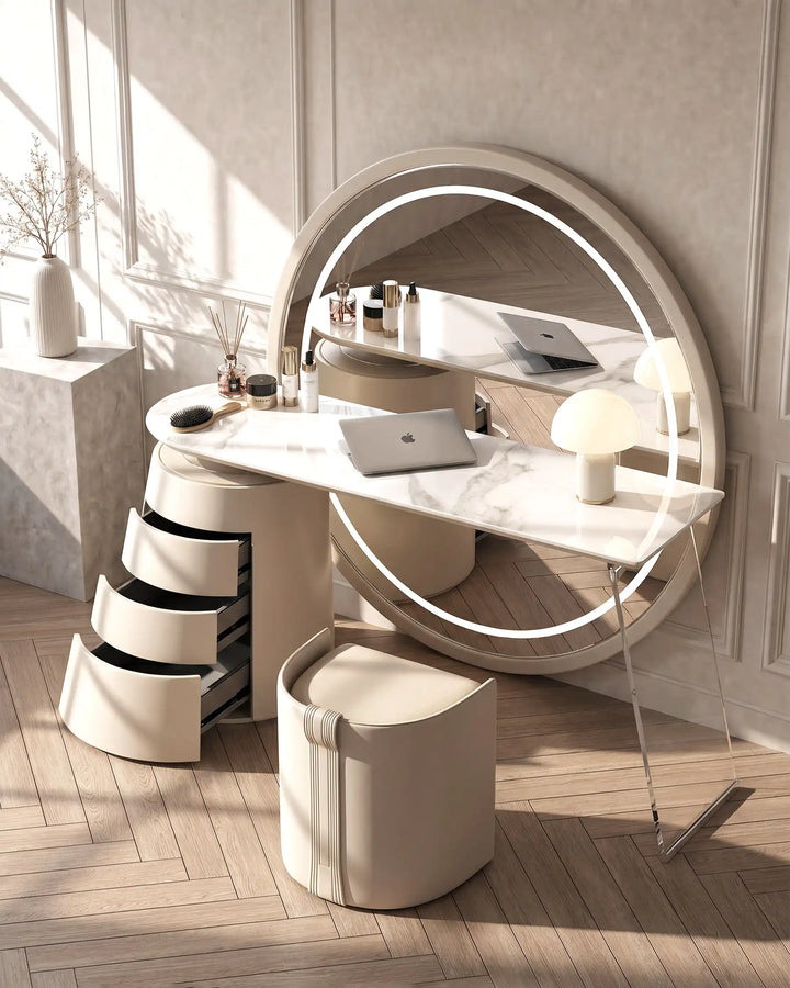 Top view of Bellano dressing table with three drawers open, showing storage space.