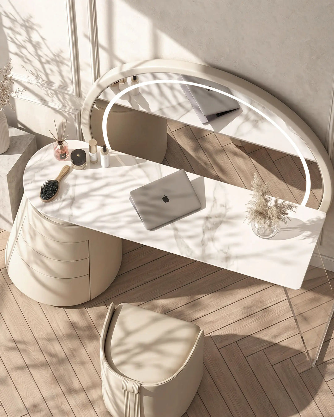 Close-up top view of Bellano marble-patterned sintered stone tabletop.