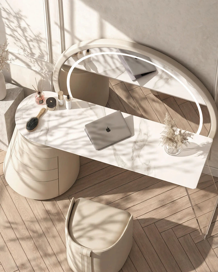 Close-up top view of Bellano marble-patterned sintered stone tabletop.