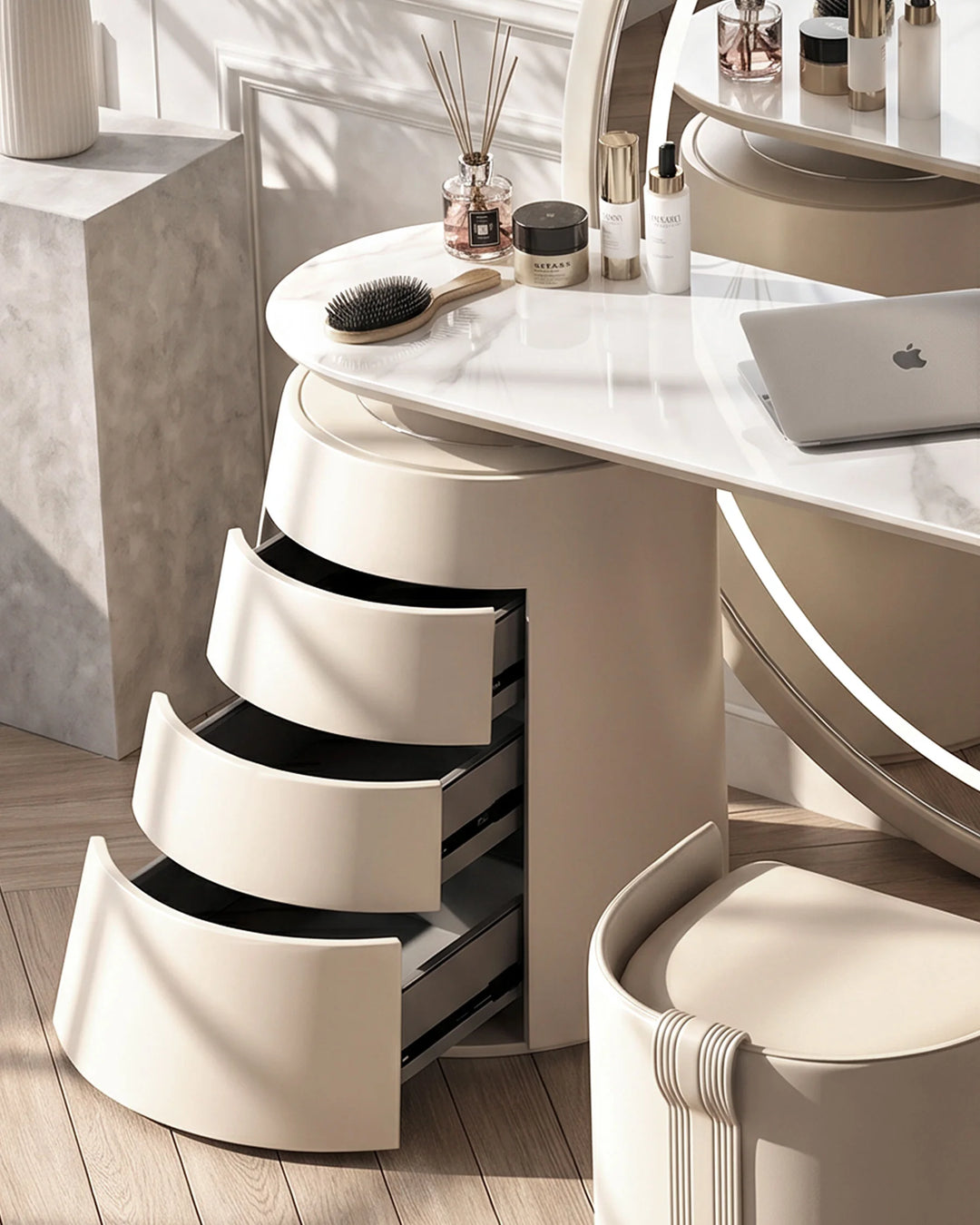 Detailed close-up of Bellano three-drawer storage design.