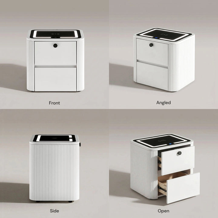 Bexley bedside table front view, side view and drawers open