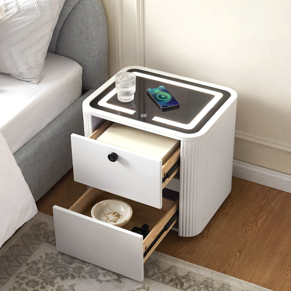 Bexley bedside table with two drawers open showing practical storage space
