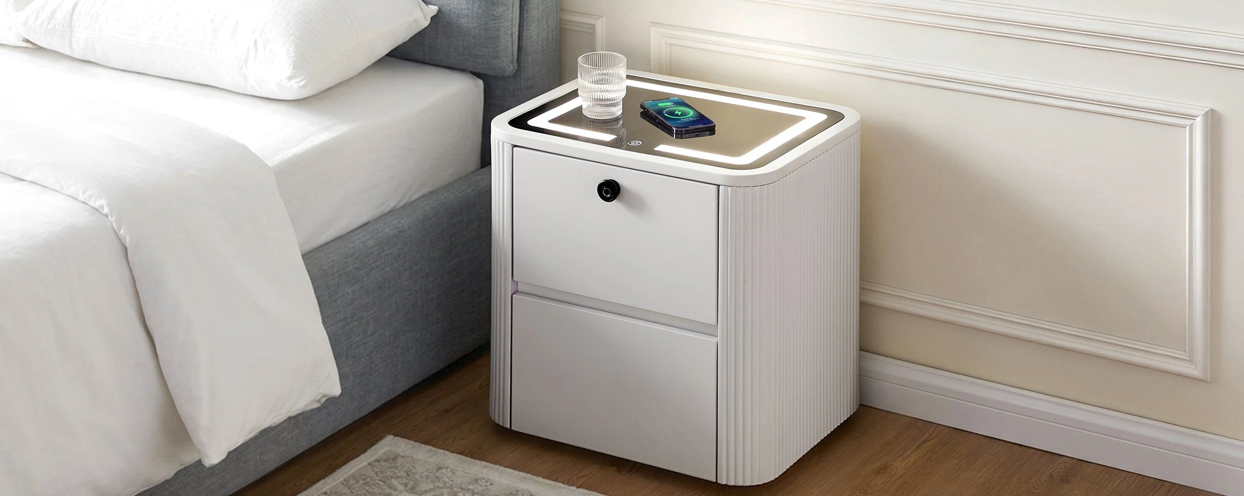 Bexley smart bedside table in a modern bedroom during the day