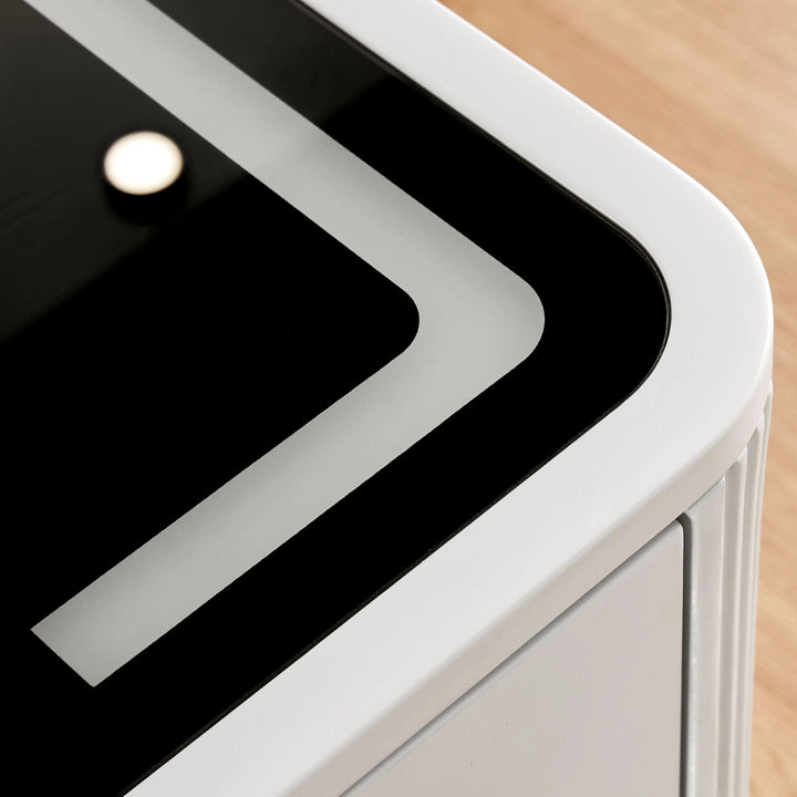 Bexley bedside table with durable tempered glass top detail