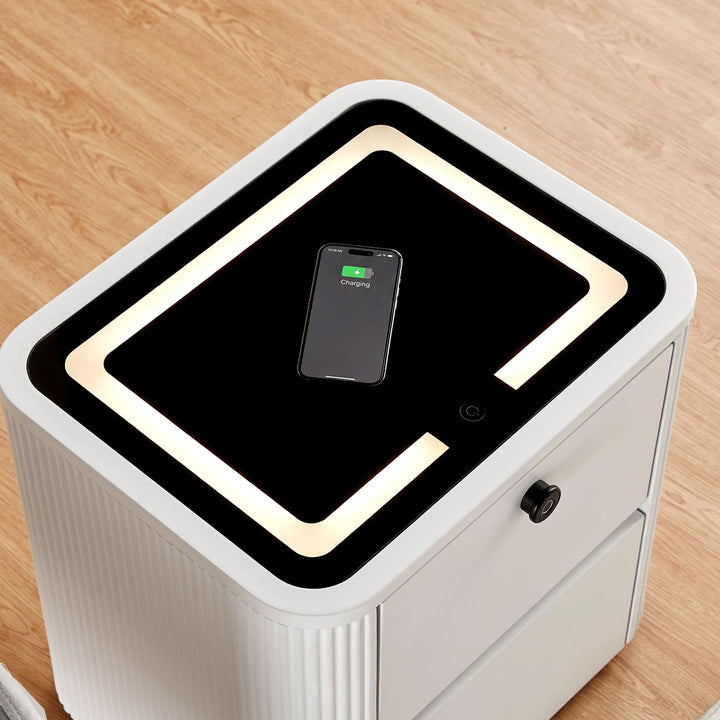 Close-up of wireless charging feature on the Bexley smart bedside table