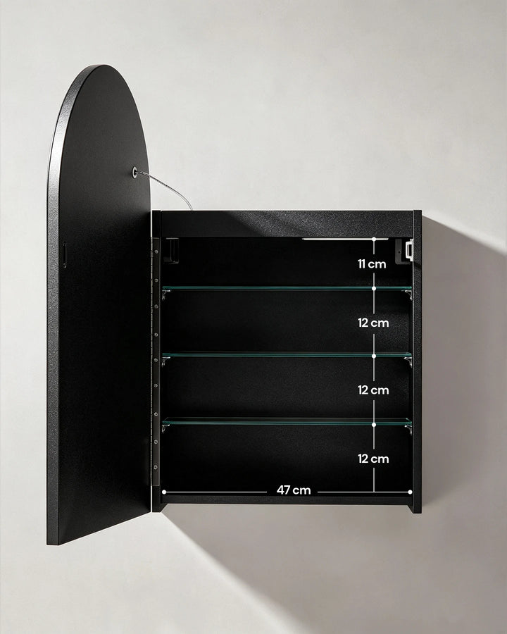 Internal view of black Arcadia mirror cabinet with tier measurements for storage planning.