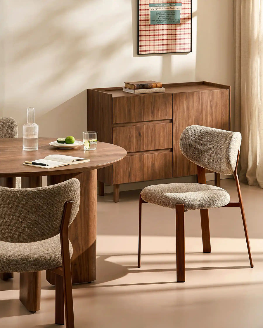 Bramley Rustic Chenille Dining Chair in a warm modern farmhouse dining room setting