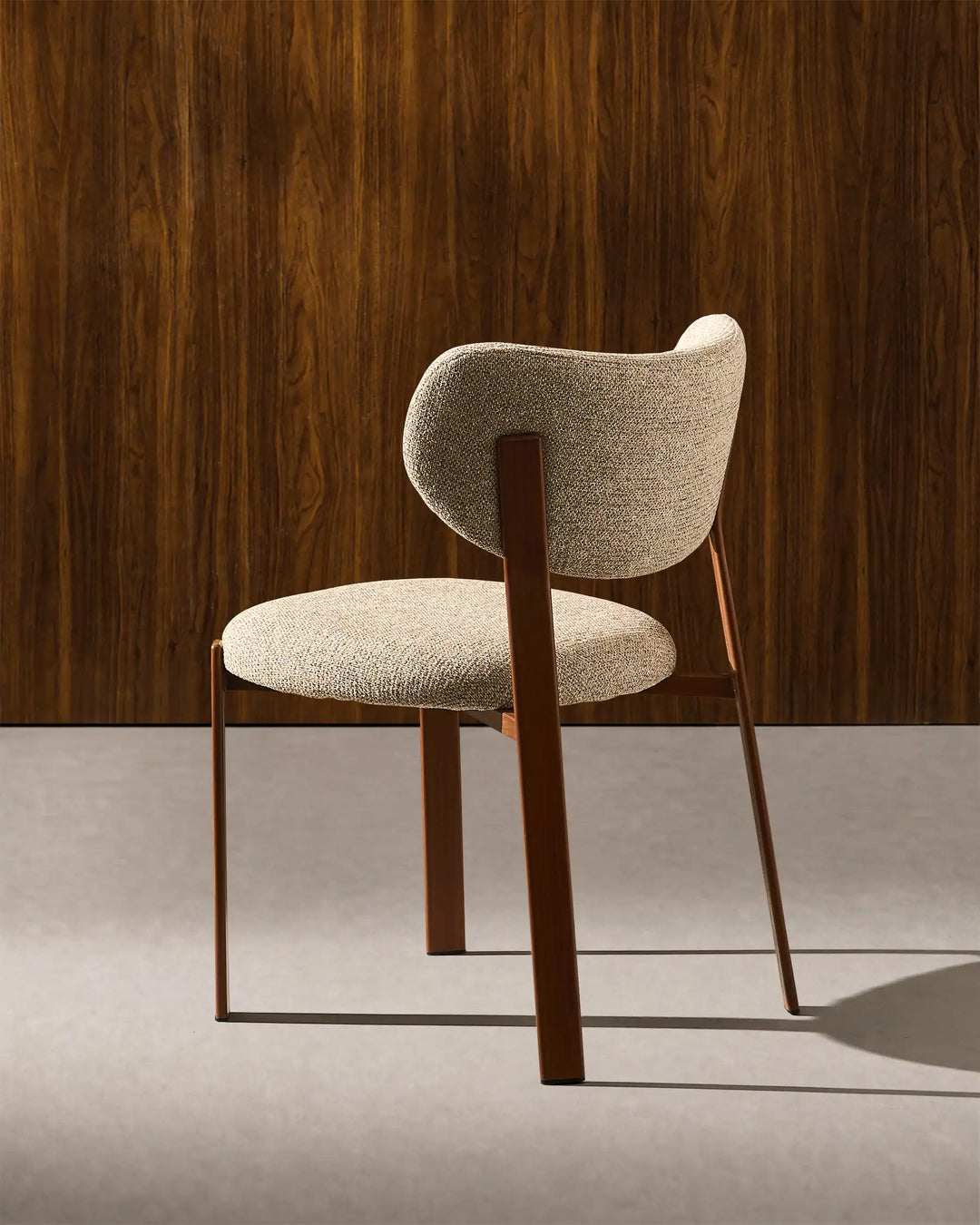Bramley Rustic Chenille Dining Chair rear side 45 degree view showing curved backrest