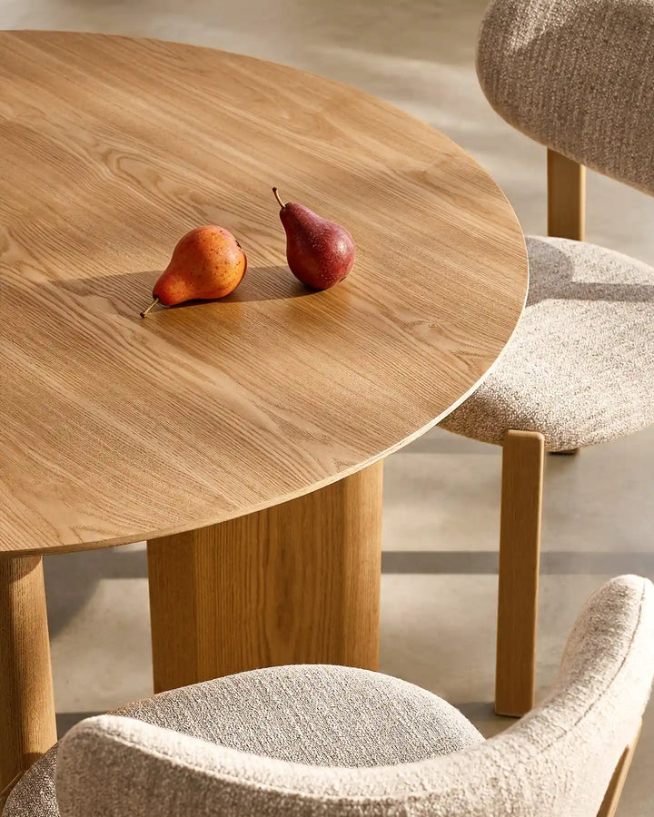 Close-up overhead view of the Bramley dining table highlighting the natural oak wood grain texture