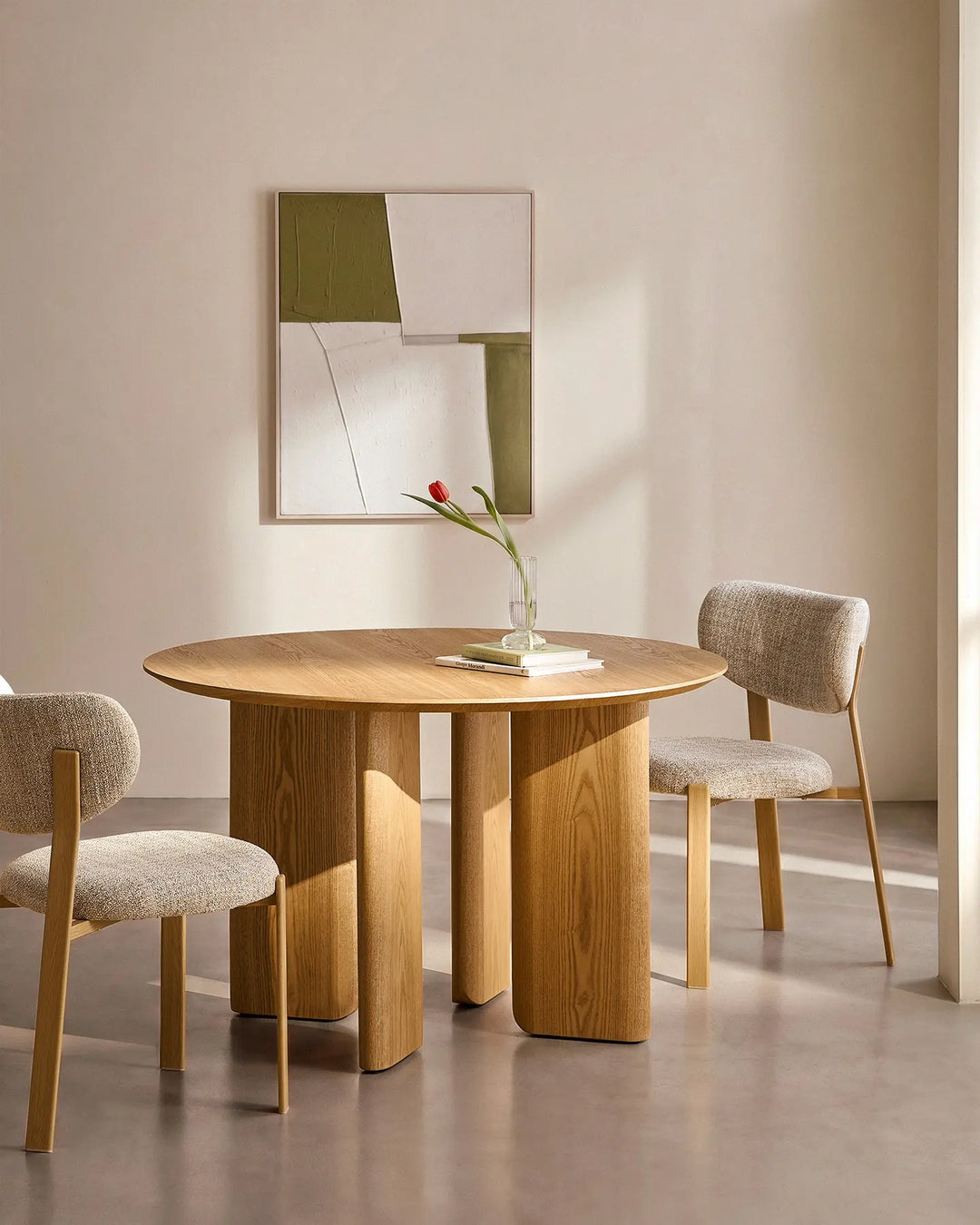 Bramley oak dining table styled in a modern farmhouse dining room with two matching Bramley dining chairs