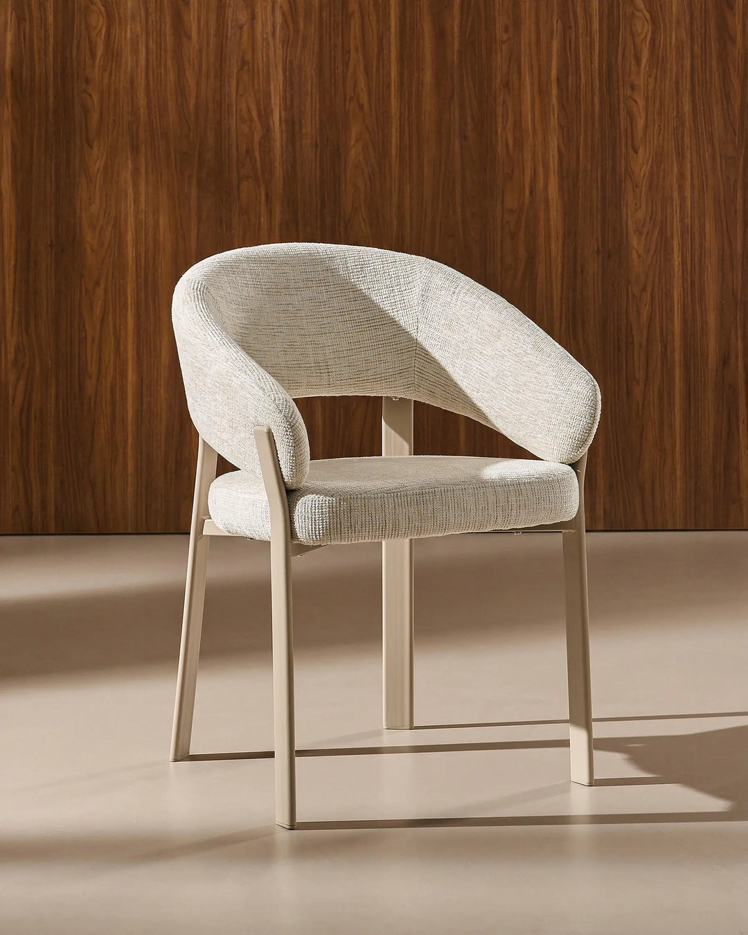 Front view of Bramley ivory and off white farmhouse dining armchair with solid wood legs